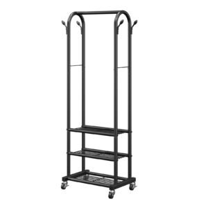 clothes rack, rolling clothing garment rack with hanging rod and side hooks, 3 storage shelves, 99 lbs load capacity, heavy duty carbon steel clothing racks for bedroom, laundry, living room