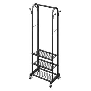 clothes rack, rolling clothing garment rack with hanging rod and side hooks, 3 storage shelves, 99 lbs load capacity, heavy duty carbon steel clothing racks for bedroom, laundry, living room