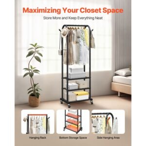 Clothes Rack, Rolling Clothing Garment Rack with Hanging Rod and Side Hooks, 3 Storage Shelves, 99 lbs Load Capacity, Heavy Duty Carbon Steel Clothing Racks for Bedroom, Laundry, Living Room