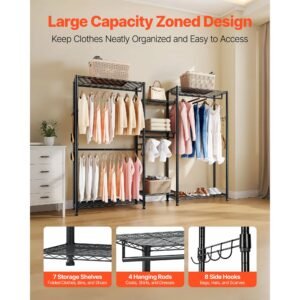 clothing garment rack, heavy duty closet wardrobe, 7 adjustable tiers clothes racks with steel frame, 850 lbs load capacity clothes rack with 4 hanging rods for bedroom, clothing store, hallway