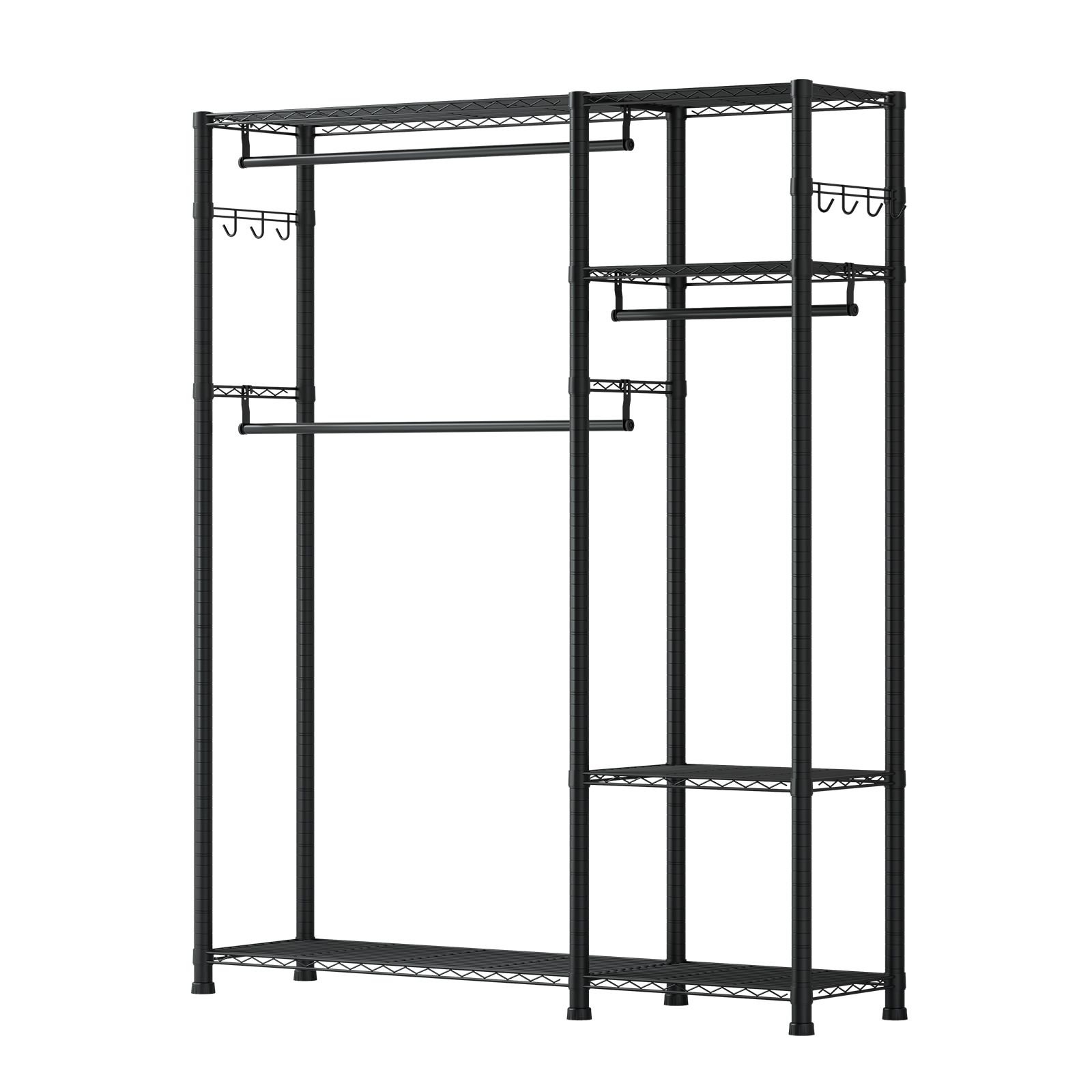clothing garment rack, heavy duty clothes rack, 6 adjustable tiers clothes racks with steel frame, 800 lbs load capacity closet wardrobe with 3 hanging rods for bedroom, clothing store, hallway