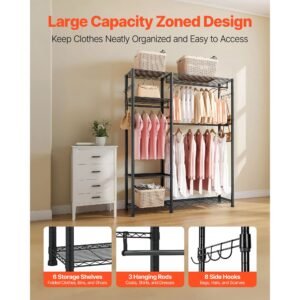 clothing garment rack, heavy duty clothes rack, 6 adjustable tiers clothes racks with steel frame, 800 lbs load capacity closet wardrobe with 3 hanging rods for bedroom, clothing store, hallway