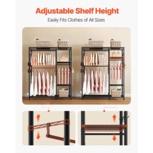 clothing garment rack, heavy duty clothes rack, 6 adjustable tiers clothes racks with steel frame, 800 lbs load capacity closet wardrobe with 3 hanging rods for bedroom, clothing store, hallway