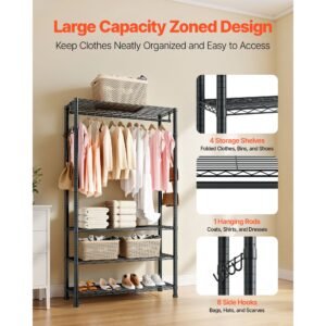 clothing garment rack, heavy duty clothing garment rack, 4 adjustable tiers clothing racks with carbon steel, 500 lbs load capacity closet wardrobe for bedroom, clothing store, hallway
