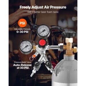 co2 regulator, dual gauge dual valve beer keg regulator, 0–60 psi adjustable pressure, heavy duty co2 tank gas regulator with 2 check valves, for draft beer homebrewing, fits cga320 interface