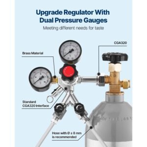 co2 regulator, dual gauge dual valve beer keg regulator, 0–60 psi adjustable pressure, heavy duty co2 tank gas regulator with 2 check valves, for draft beer homebrewing, fits cga320 interface