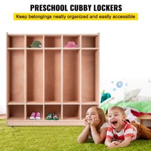 coat locker, 5 section daycare cubby coat rack 48×13×48 inch, classroom coat locker and backpack hanger, with 5 hooks and storage boxes, for kindergarten & school, natural