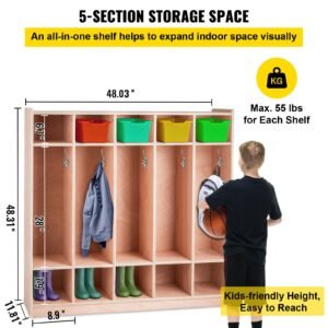coat locker, 5 section daycare cubby coat rack 48×13×48 inch, classroom coat locker and backpack hanger, with 5 hooks and storage boxes, for kindergarten & school, natural