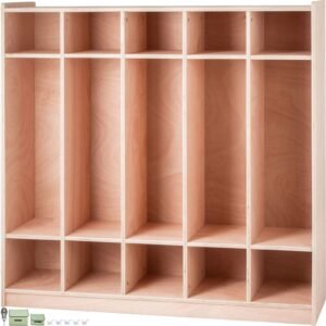 Coat Locker, 5-Section Daycare Cubby Coat Rack 48×13×48 inch, Classroom Coat Locker and Backpack Hanger, with 5 Hooks and Storage Boxes, for Kindergarten & School, Natural