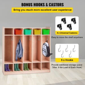 coat locker, 5 section daycare cubby coat rack 48×13×48 inch, classroom coat locker and backpack hanger, with 5 hooks and storage boxes, for kindergarten & school, natural