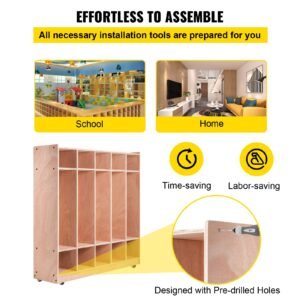 coat locker, 5 section daycare cubby coat rack 48×13×48 inch, classroom coat locker and backpack hanger, with 5 hooks and storage boxes, for kindergarten & school, natural