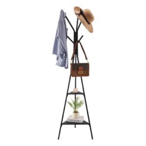 coat rack, freestanding coats rack stand with 2 shelves & 6 hooks, free standing hall coat tree for entryway, bedroom, living room, modern clothes hanger stand for coats, hats, scarves, handbags