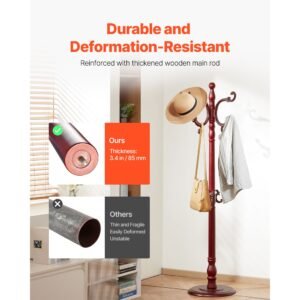coat rack freestanding, wooden coats rack stand with weighted base & 11 hooks, free standing hall coat tree for entryway, bedroom, living room, modern clothes hanger stand for coats, hats, bag