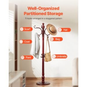 coat rack freestanding, wooden coats rack stand with weighted base & 11 hooks, free standing hall coat tree for entryway, bedroom, living room, modern clothes hanger stand for coats, hats, bag
