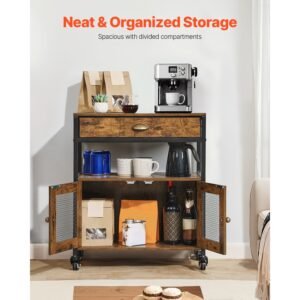coffee bar cabinet, 24 inch farmhouse coffee bar cabinet with storage, movable coffee bar table with wheels & mesh door, sideboard buffet cabinet for kitchen, entryway