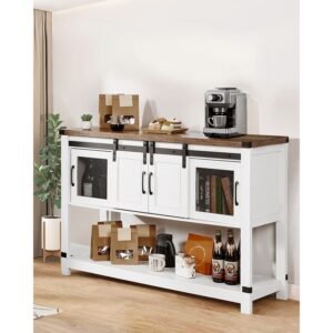 coffee bar cabinet, 47.3 x 15.7 x 32.7 in farmhouse coffee bar cabinet with 4 tier storage, coffee bar table with barn doors, farmhouse sideboard buffet cabinet for living room, entryway