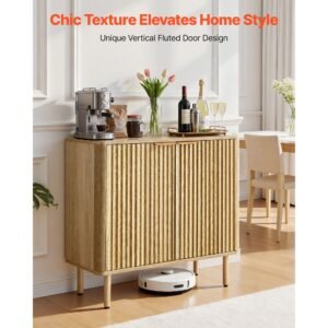 coffee bar cabinet, mid century fluted coffee bar table with 2 tier storage, buffet stand cabinet with 2 barn door, sideboard buffet station for living room, entryway, 31.5 x 14.7 x 31.5 in, oak