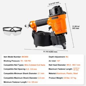 coil siding nailer mcn55, 1 inch to 2 1/4 inch 15 degree pneumatic siding nail gun, 70 120psi air coil nailer for siding, pallet sheathing, fencing, decking