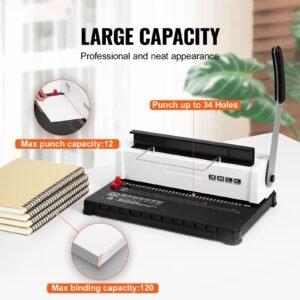 coil spiral binding machine, manual book maker 34 holes binding 120 sheets, punch binder adjustable 3/16" 9/16" coil binding spines, for letter size, a4, a5