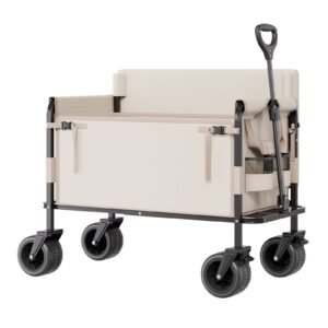 collapsible folding wagon, 550lb load & 220l, 2 in 1 foldable wagon cart converts to bench, utility wagon with adjustable handle, outdoor cart for groceries shopping, camping, gardening