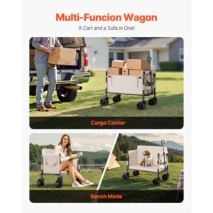 collapsible folding wagon, 550lb load & 220l, 2 in 1 foldable wagon cart converts to bench, utility wagon with adjustable handle, outdoor cart for groceries shopping, camping, gardening