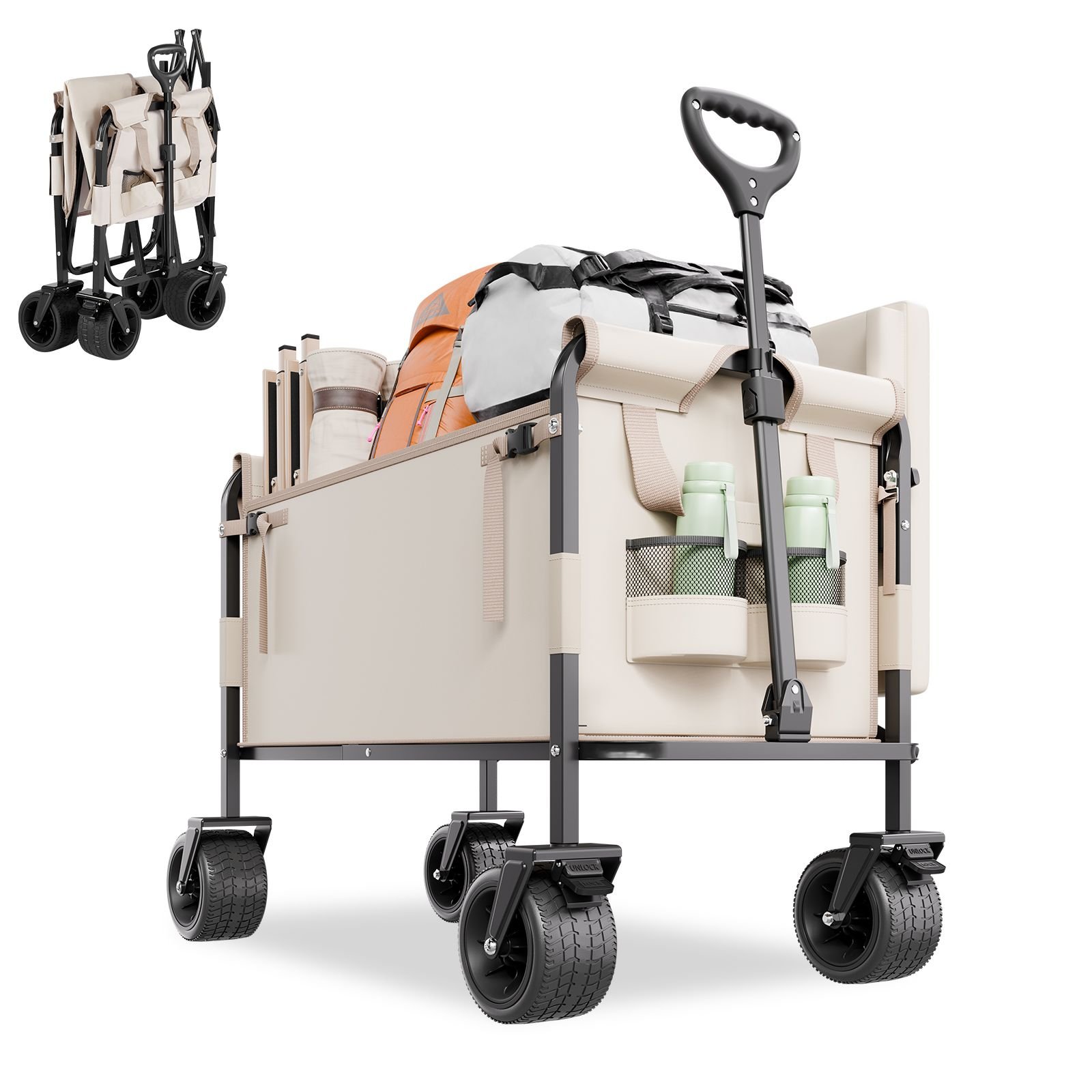 collapsible folding wagon, 550lb load & 220l, 2 in 1 foldable wagon cart converts to bench, utility wagon with adjustable handle, outdoor cart for groceries shopping, camping, gardening