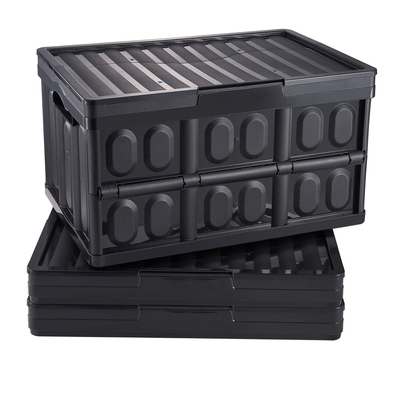 collapsible storage bins with lids, 45l 3 packs, folding plastic stackable utility crates with handles, large heavy duty containers for clothes, toys, books, snack, shoes, and grocery organizing