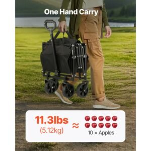 collapsible wagon carts, 120l & 225lbs folding wagons with all terrain wheels, heavy duty outdoor utility cart with adjustable handle, portable camping cart for beach grocery garden black