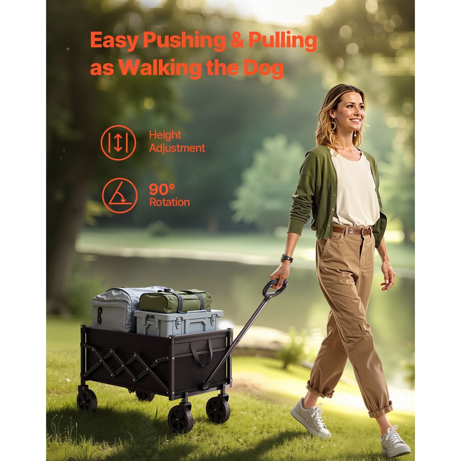 collapsible wagon carts, 120l & 225lbs folding wagons with all terrain wheels, heavy duty outdoor utility cart with adjustable handle, portable camping cart for beach grocery garden black