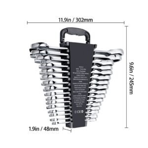 combination wrench set, 16 piece ratcheting wrench set with organizer rack, cr v steel wrench set metric 8 mm to 24 mm, ideal for general household, garage, workshop, auto repairs, emergency