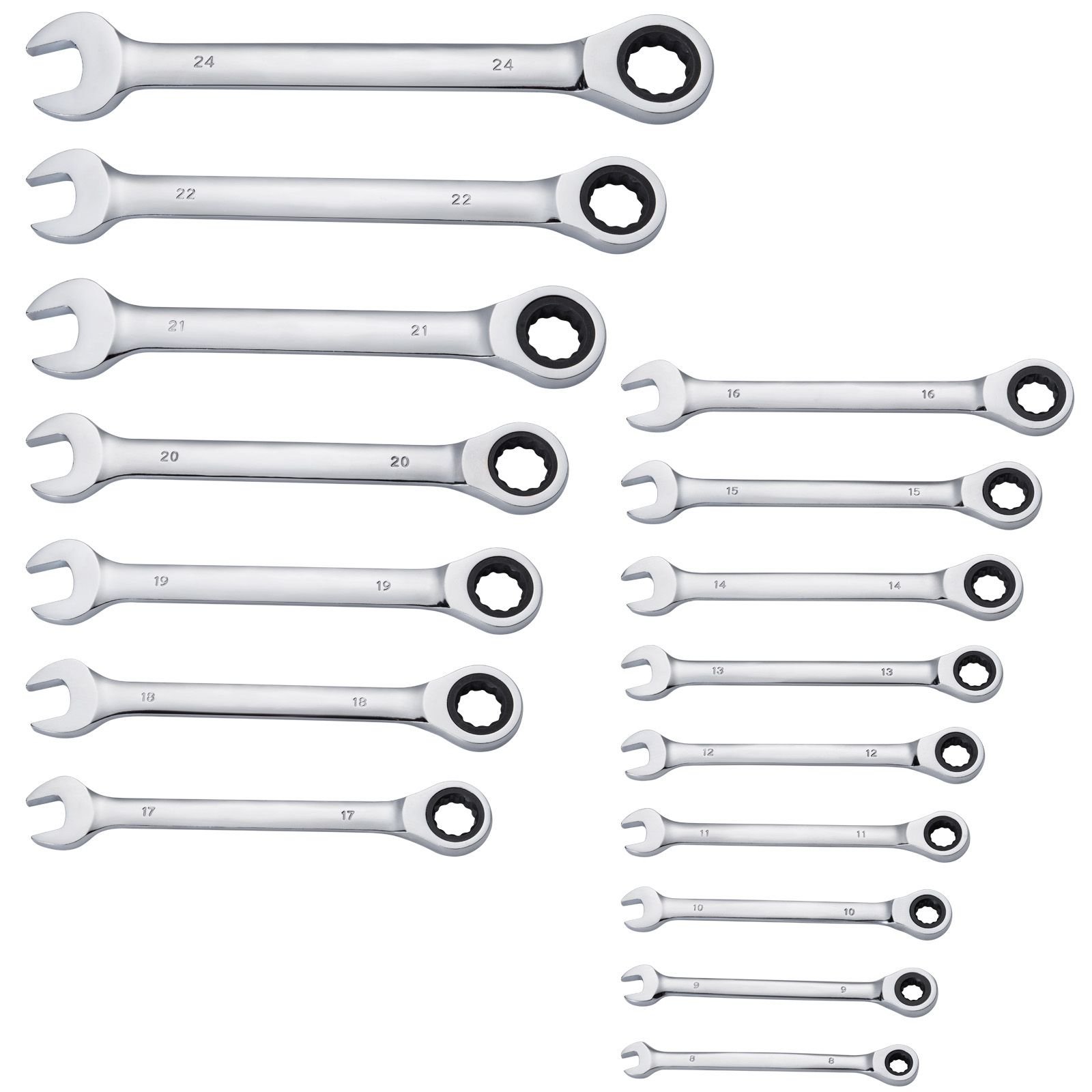 combination wrench set, 16 piece ratcheting wrench set with organizer rack, cr v steel wrench set metric 8 mm to 24 mm, ideal for general household, garage, workshop, auto repairs, emergency