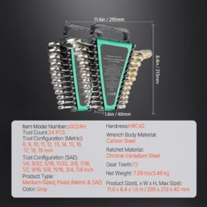 combination wrench set, 24 piece ratcheting wrench set with organizer rack, cr v steel wrench set sae 1/4" to 7/8", metric 8 mm to 19 mm, ideal for general household, auto repairs, emergency