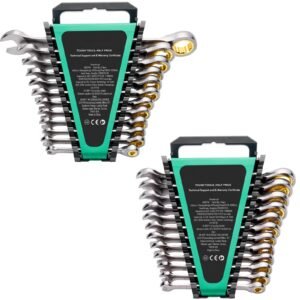combination wrench set, 24 piece ratcheting wrench set with organizer rack, cr v steel wrench set sae 1/4" to 7/8", metric 8 mm to 19 mm, ideal for general household, auto repairs, emergency