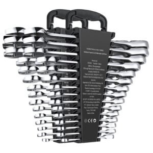 combination wrench set, 30 piece ratcheting wrench set with organizer rack, cr v steel wrench set sae 1/4" to 1", metric 8 mm to 24 mm, ideal for general household, garage, workshop, emergency