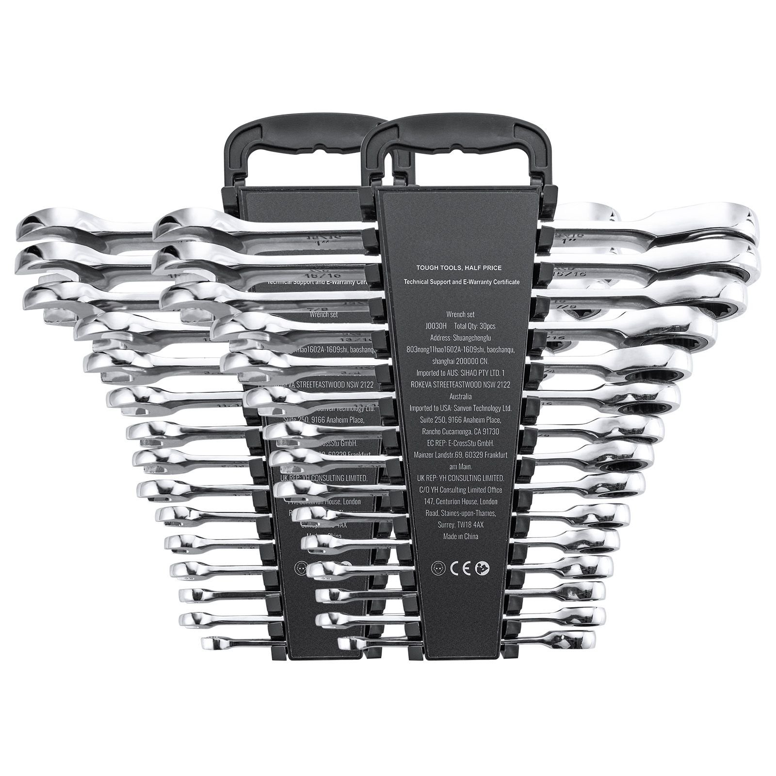 combination wrench set, 30 piece ratcheting wrench set with organizer rack, cr v steel wrench set sae 1/4" to 1", metric 8 mm to 24 mm, ideal for general household, garage, workshop, emergency
