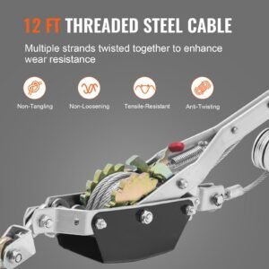 come along winch, 2 ton (4,409 lbs) pulling capacity, 12 ft steel cable, 2 hooks, heavy duty ratchet power puller tool with dual gears, automotive hoist cable puller ideal for vehicle rescue