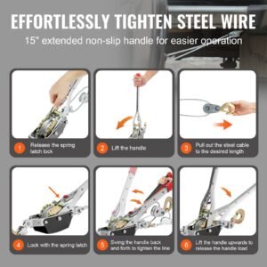 come along winch, 2 ton (4,409 lbs) pulling capacity, 12 ft steel cable, 2 hooks, heavy duty ratchet power puller tool with dual gears, automotive hoist cable puller ideal for vehicle rescue