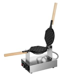 commercial bubble waffle maker, 1400w egg pancake baker machine, non stick stainless steel egg bubble puff, 180° rotatable, temp and time control, wooden handle, for restaurant bakery snack bar