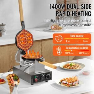 commercial bubble waffle maker, 1400w egg pancake baker machine, non stick stainless steel egg bubble puff, 180° rotatable, temp and time control, wooden handle, for restaurant bakery snack bar