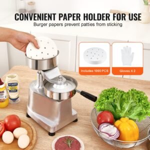 commercial burger patty maker, 130mm/5inch hamburger beef patty maker, heavy duty food grade stainless steel bowl burger press machine, kitchen meat forming processor with 1000 pcs patty papers