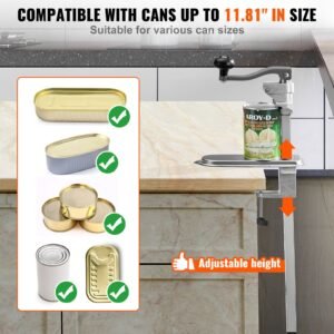 commercial can opener, heavy duty manual tabletop cans opener for cans up to 11.8 in height, height adjustable can openers fixed with screws & table clamp, for restaurant, hotel, and food store