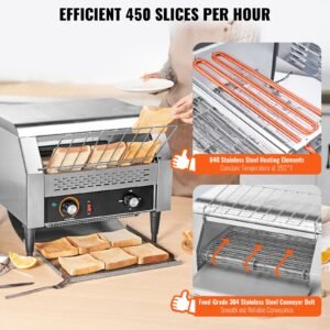 commercial conveyor toaster, 450 slices/hour conveyor belt toaster, heavy duty stainless steel commercial toaster oven, electric restaurant commercial toaster for toast bun, bagel, bread