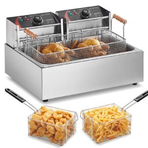 commercial deep fryer, 3000w electric turkey fryer with 3 removable baskets, large capacity 18qt / 17l stainless steel countertop single oil fryer, for kitchen restaurant use, silver