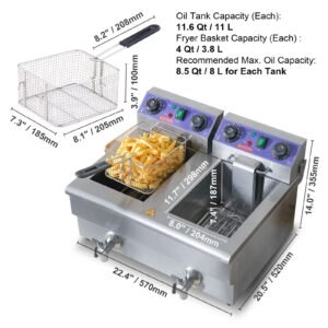 commercial deep fryer, dual tank 3000w electric countertop fryer with basket, 2 x 11.6qt/11l double stainless steel oil fryer with oil filtration, time & temp control, for kitchen restaurant use