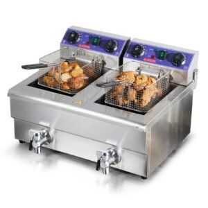 commercial deep fryer, dual tank 3000w electric countertop fryer with basket, 2 x 11.6qt/11l double stainless steel oil fryer with oil filtration, time & temp control, for kitchen restaurant use
