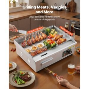 commercial electric griddle, 21.06 x 11.81 inch, 1750w, 122 570 fahrenheit adjustable temp control, stainless steel body, half grooved half flat, with 2 spatulas, 2 brushes, and 4 foot pads