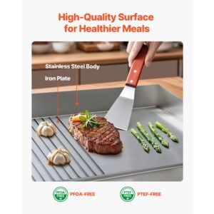 commercial electric griddle, 21.06 x 11.81 inch, 1750w, 122 570 fahrenheit adjustable temp control, stainless steel body, half grooved half flat, with 2 spatulas, 2 brushes, and 4 foot pads