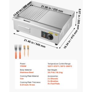 commercial electric griddle, 21.06 x 11.81 inch, 1750w, 122 570 fahrenheit adjustable temp control, stainless steel body, half grooved half flat, with 2 spatulas, 2 brushes, and 4 foot pads