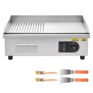Commercial Electric Griddle, 21.06 x 11.81 inch, 1750W, 122-570 Fahrenheit Adjustable Temp Control, Stainless Steel Body, Half Grooved Half Flat, with 2 Spatulas, 2 Brushes, and 4 Foot Pads