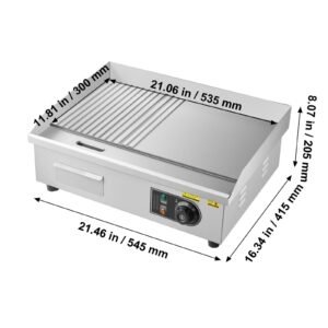 commercial electric griddle, 21.06 x 11.81 inch, 1750w, 122 570 fahrenheit adjustable temp control, stainless steel body, half grooved half flat, with 2 spatulas, 2 brushes, and 4 foot pads